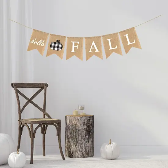 Hello Fall Burlap Banner Buffalo Check Plaid Jute Burlap Pumpkin Garland {5}