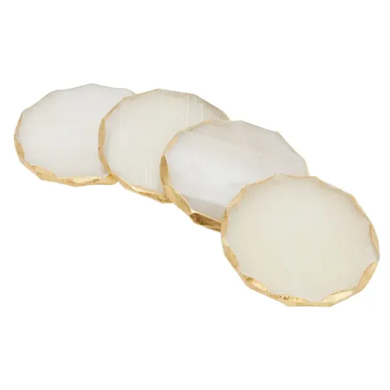 4 Pack Natural Selenite Crystal Coasters for Drinks, Geode Slices with Gold Painted Edge (3.75-4 In) White {7}