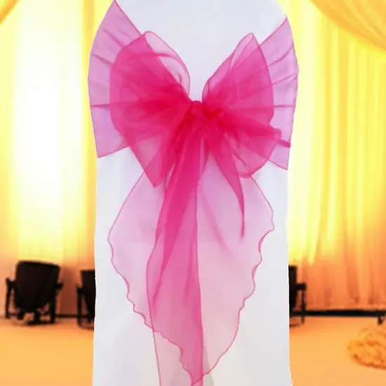 10 Pieces Fuchsia Organza Fabric Chair Wraps, 12"x116" Sophisticated Angled Design {2}