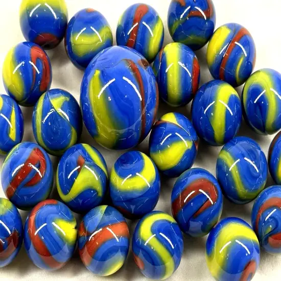 25 Glass Marbles MOLECULE Blue/Yellow/Red game Shooter Swirl {1}