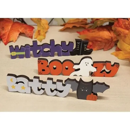 3 Asstd. Halloween Wooden Word Block Set Boozy Witchy Batty Shelf Decor {2}