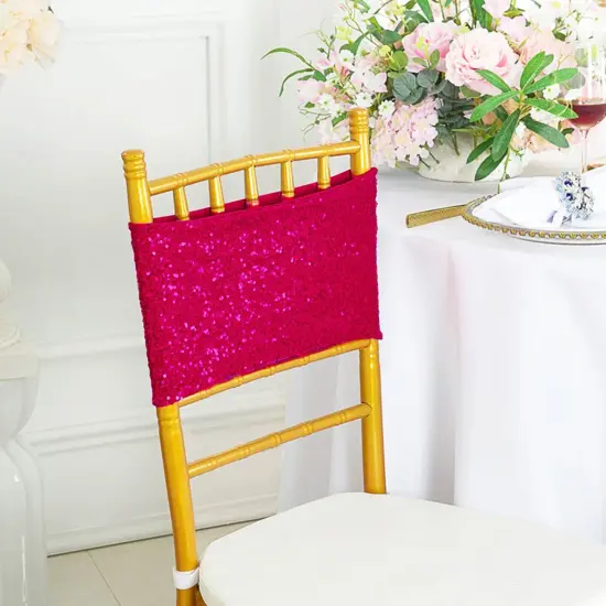 10 Pieces Vibrant Fuchsia Sequin Stretch Spandex Chair Bands 7 x 13 Inches {2}