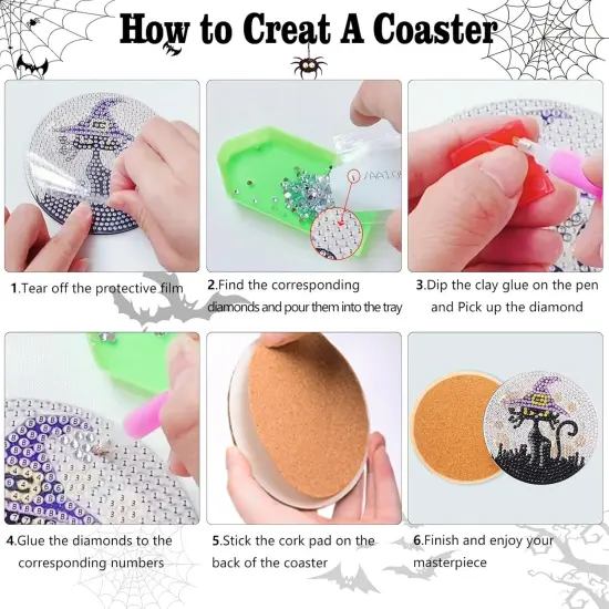 8 PCS Halloween Diamond Art Coasters, DIY Horror Diamond Painting Coasters {5}