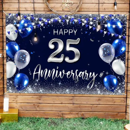 Happy 25th Anniversary Backdrop Banner Decor Navy Blue {1}