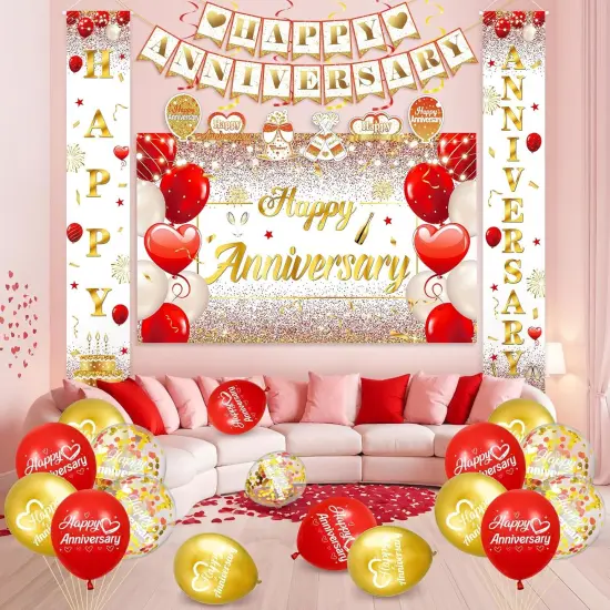Red Gold Happy Anniversary Banner Balloons {3}