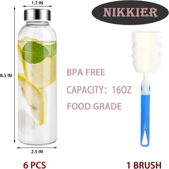 Clear Glass Bottles with Lids 6pcs Set 18oz,Reusable Glass Water Bottle {3}