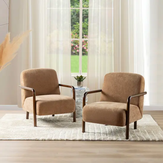 Mid-Century Modern Brown Fabric Thick Armchair with Walnut Rubberwood Frame {2}