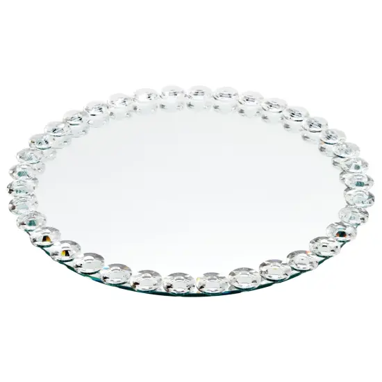 Okuna Outpost 12 in Crystal Bead Round Mirror Tray to Display Perfume, Jewelry, Candles, Bling Serving Tray for Bathroom, Living Room, Office, Vanity, Home Decor Silver {1}