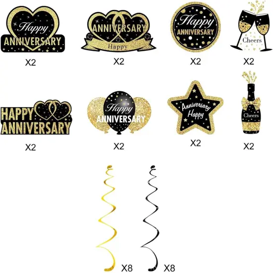 16Pcs Happy Wedding Anniversary Hanging Swirls Decorations - Black Gold {2}