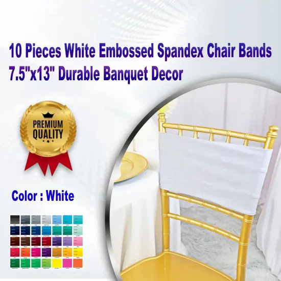 10 Pieces White Embossed Spandex Chair Bands 7.5"x13" Durable Banquet Decor {1}