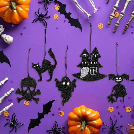 Black Beaded Halloween Ornaments 5ct Reversible Tree Decor Set {3}