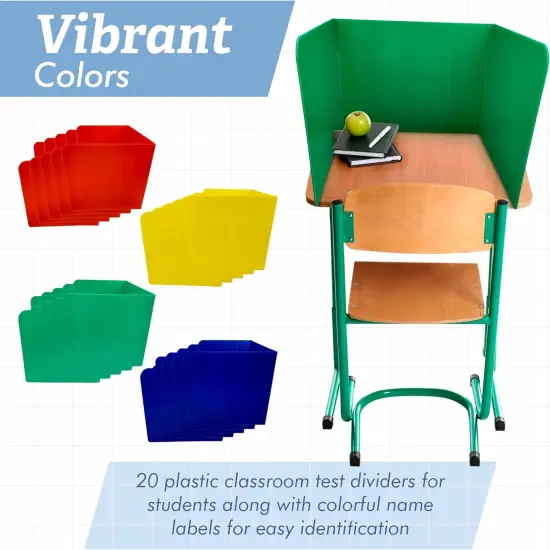 4E's Novelty Plastic Desk Dividers for Students - Pack of 20 - Bulk Colored Desk Privacy Panel - Plastic Classroom Dividers, Testing Dividers for Classrooms, Easy-to-Clean Durable, with Labels {6}
