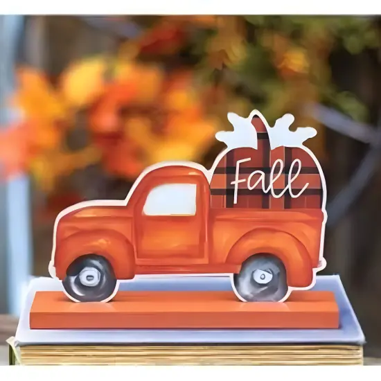 Orange Wood Vintage Truck Fall Sitter with Pumpkin and Buffalo Check Design {2}