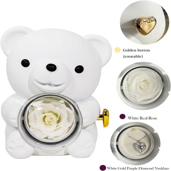Preserved White Real Rose & White Bear Box {2}