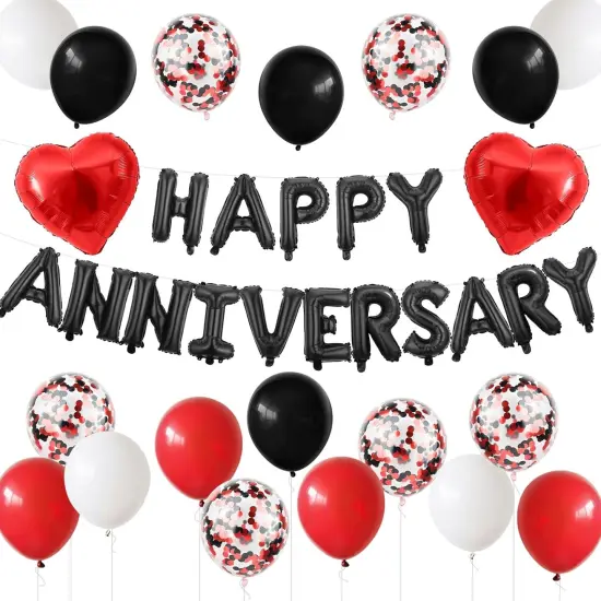 Anniversary Decorations &ndash; Foil Balloon Banner with Confetti and Heart Balloons (Black Red) {1}