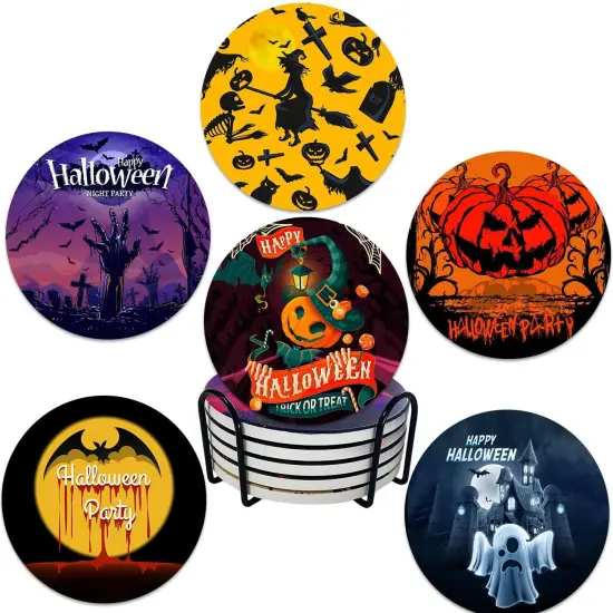 Set of 6 With Holder, Halloween Drink Coasters {1}