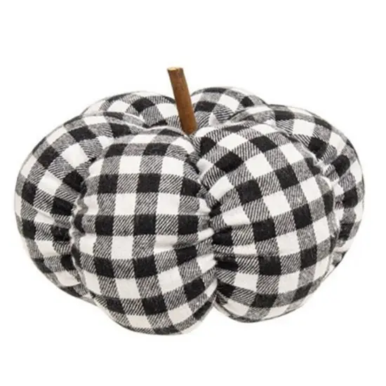 Black White Buffalo Check Fabric Pumpkin with Wooden Stem Freestanding Fall Accent Decor {1}