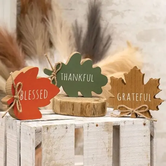 3 Asstd. Fall Wooden Leaf Sitters Set Thankful Grateful Blessed Table Shelf Decor {2}