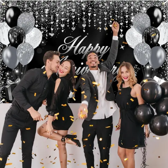 70.8 x 43.3 Inch (Black and Silver)Banner Glitter Happy Anniversary Decorations {5}