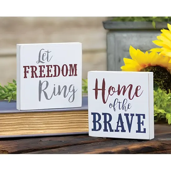 Patriotic Wooden Quote Blocks Set &lsquo;Home of the Brave&rsquo; & &lsquo;Let Freedom Ring&rsquo; with Rustic White Finish - 2 Asstd {2}