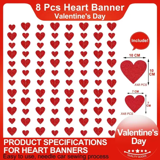 8 Pack Red Glitter Heart Garland Banners Heart Decorations Anniversary {2}