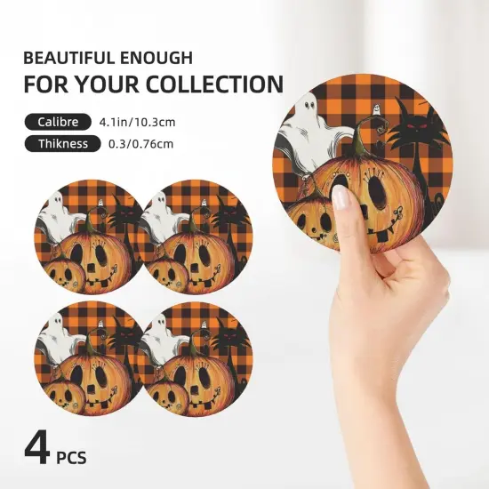 Halloween Pumpkins Orange Check Coasters, Set of 4 for Coffee Table Cup Bar {3}