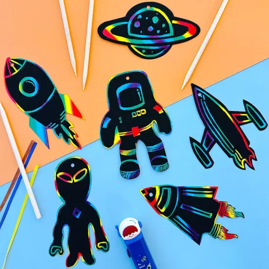 Wrapables 36pc Rainbow Scratch Arts Ornaments, DIY Magic Scratch Arts and Crafts, Outer Space {4}