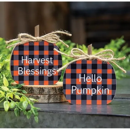 2 Asstd. Orange Buffalo Check Wooden Pumpkin Block for Fall Shelf Decor {2}