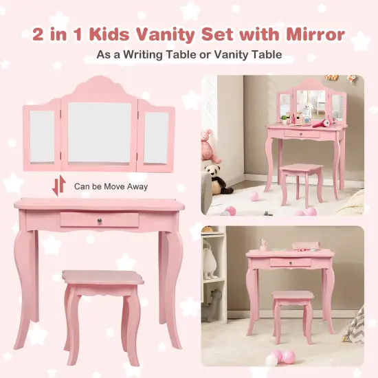 Costway Kids Vanity Table & Stool Princess Dressing Make Up Play Set for Girls White/Pink {4}