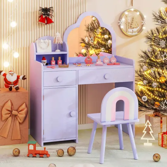 Costway Kids Vanity Table and Chair Set with Cloud-shaped Mirror Open Shelf Storage Drawers White/Pink/Purple {1}