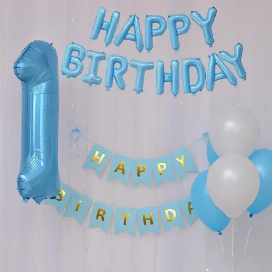 Light Blue Happy Birthday Balloons Banner - Light Blue {2}