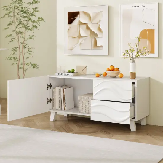 Costway 38" TV Stand for 44-Inch TV with DrawersEngraved Media Console Cabinet White {5}