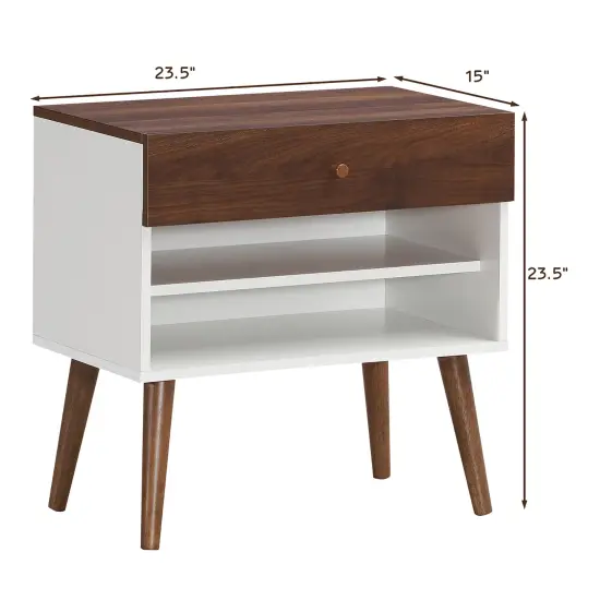 Costway 2PCS Nightstand End Side Table Drawer Storage Shelf Mid-Century Rubber Wood Leg {2}