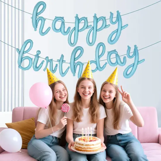 Blue Happy Birthday Balloons, Script Foil Mylar(Blue) {2}