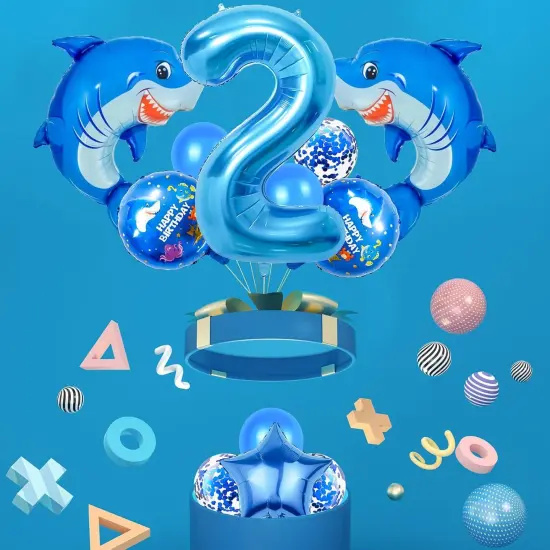 40 Inch 2 Balloon Number, Cute Blue Shark Balloons, Giant Foil 2 Birthday Balloon (shark-2) {3}
