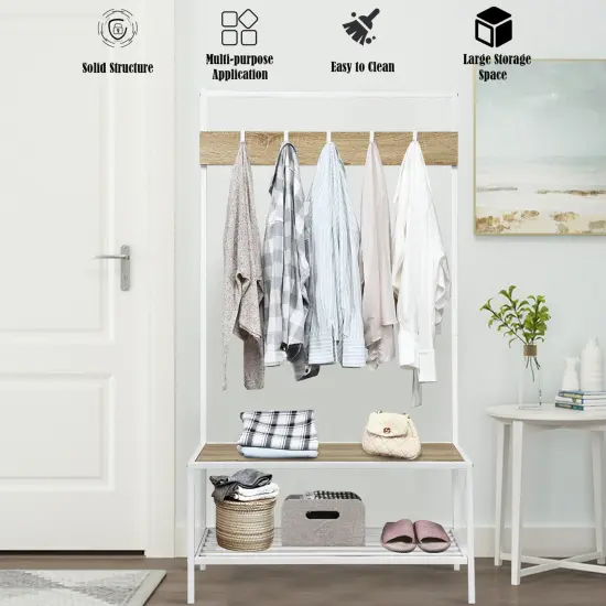 COSTWAY 3 in 1 Industrial Coat Rack Shoe Bench Entryway Hall Tree Storage Shelf w/ Hooks {8}