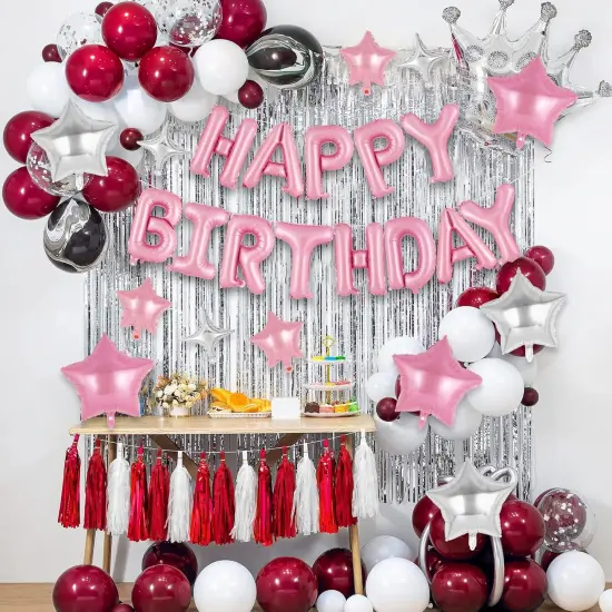 Pink Happy Birthday Balloons Banner - 12 Pcs {4}