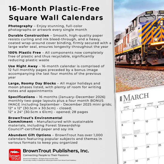 Railroads | 2026 12 x 24 Inch (Hanging) Monthly Square Wall Calendar | Plastic-Free {6}