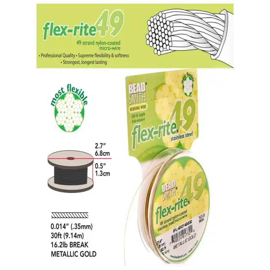 The Beadsmith Flex-Rite Beading Wire - Stainless Steel Micro Flexible Wire, 49 Strand, Gold, .014" Diameter, 30-Foot Spool, Nylon Coated {4}