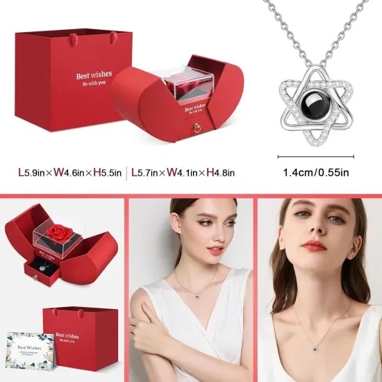 Preserved Red Real Rose Necklace 'I Love You' in 100 Languages {2}
