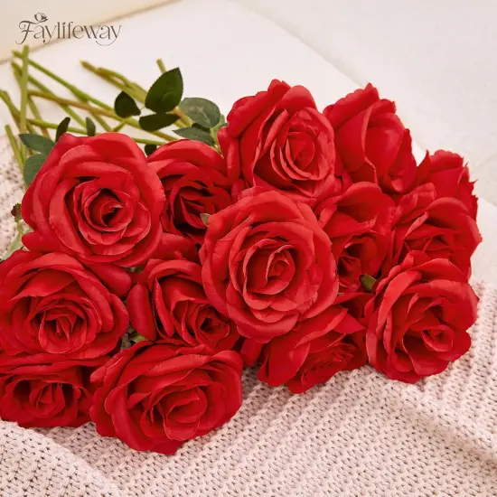 20PCS Artificial Red Roses, 3.9'' Silk Flower Head Fake Red Rose with Long Stems {5}