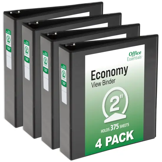 Office Essentials Economy View 3 Ring Binders, 2" Round Rings, 2.8" Spine, 375-Sheet Capacity, Black Binders (4-Pack of 03147) {1}