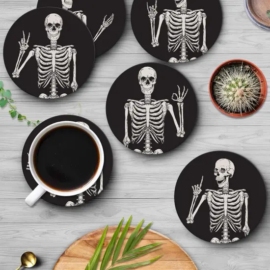 Coaster for Drinks Set of 6, Skeleton Skull Body Vintage Bones {4}