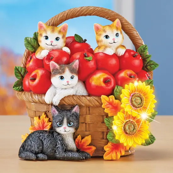 Collections Etc Color-Changing Lighted Cat Apple Basket Autumn Decoration {1}