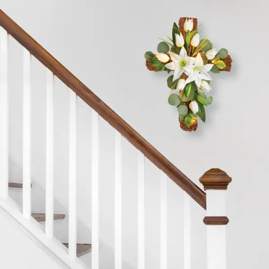 Collections Etc LED Lighted White Lily Wall Cross Decoration {6}