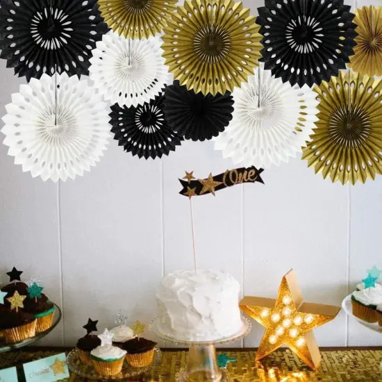 （11packs）- Black Gold White Hanging Honeycomb Round Paper Fans Decoration {4}