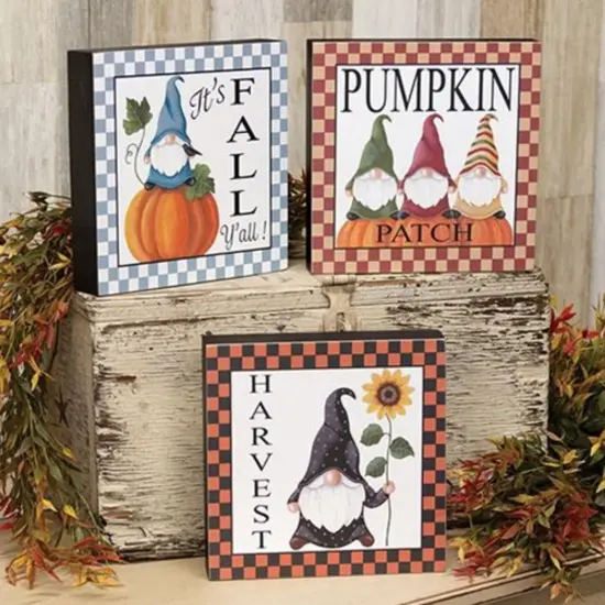 Fall Gnome Box Sign Set Freestanding Wood Shelf Decor with Pumpkin and Sunflower Prints 3 Asstd. {2}