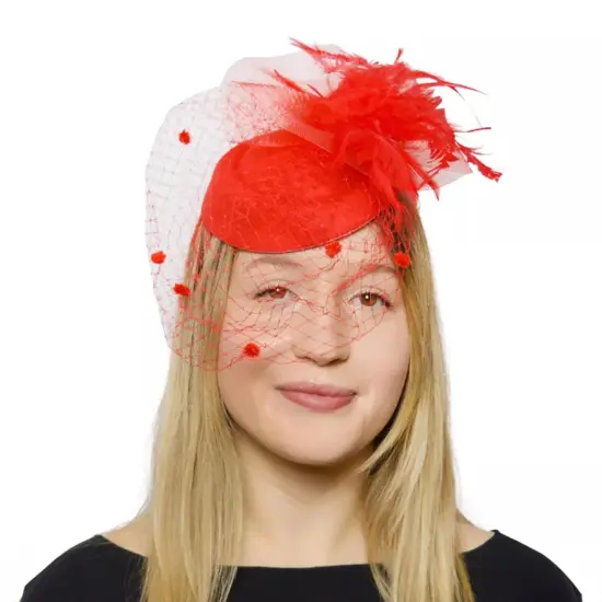 Feathery Red Fascinator with Lace Veil Adult Costume Hat {1}