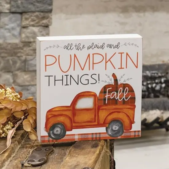 Freestanding All The Plaid and Pumpkin Things Fall Box Sign with Distressed White Finish and Truck Art {2}