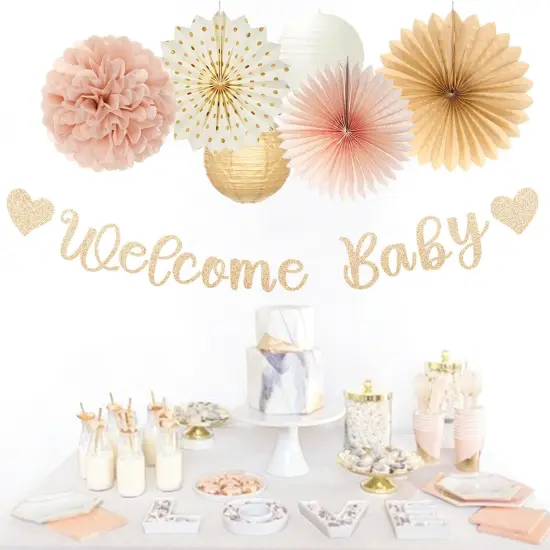 21pcs Girls Welcome Baby Banner,Beige One Sweet Peach Paper Lanterns Pom Poms {5}